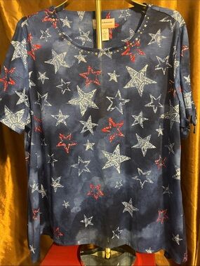 Alfred Dunner Navy Short Sleeve Tee with Red & White Stars